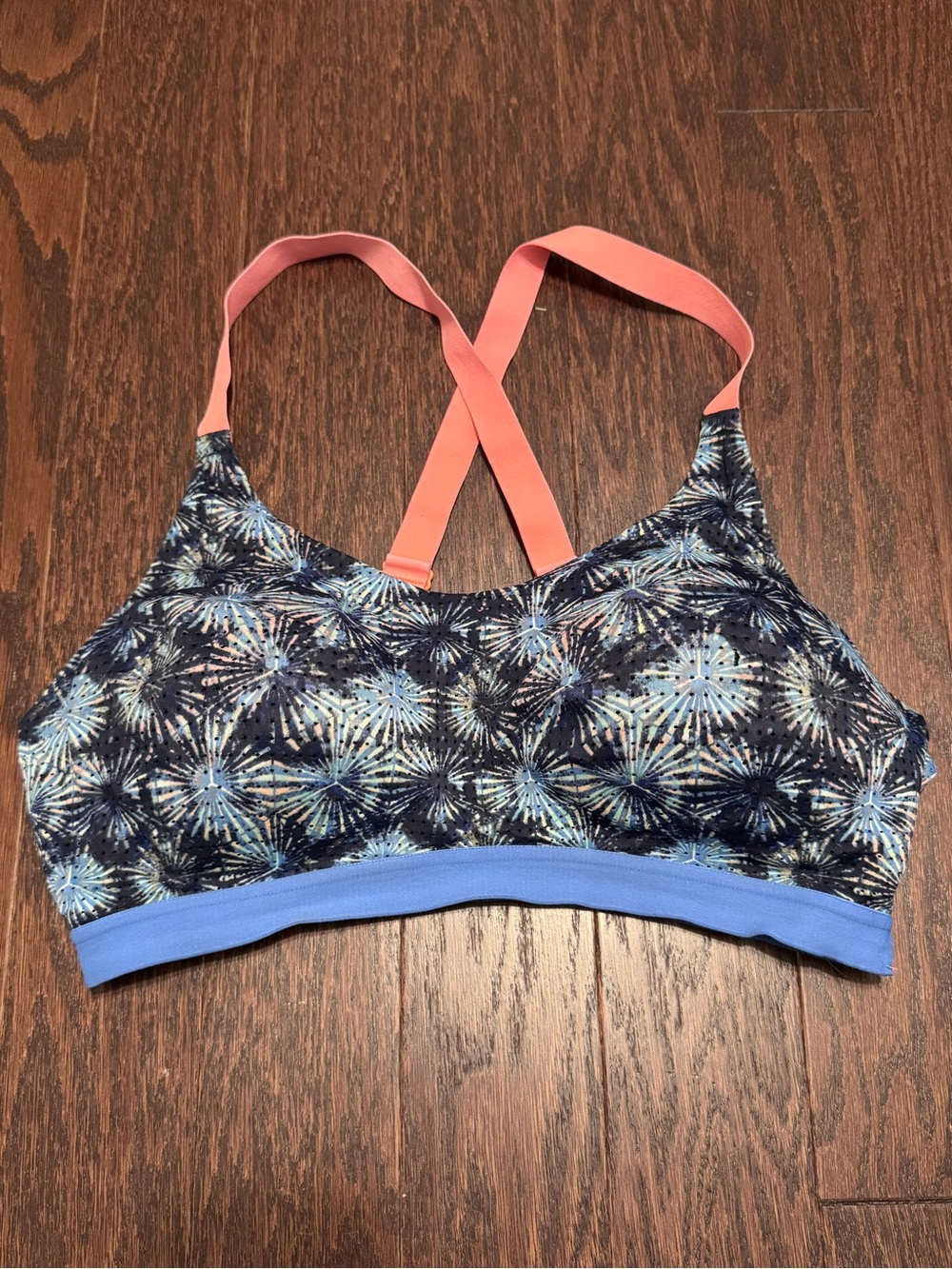 Printed Navy Sports Bra with Coral Cross Straps
